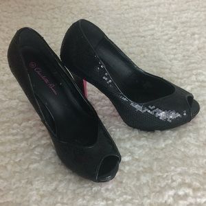 Charlotte Russe black sequin heel peep toe size  6